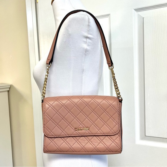 Calvin Klein Permanent Quilted Pebble leather Shoulder Bag flap rusted pink - Picture 2 of 14